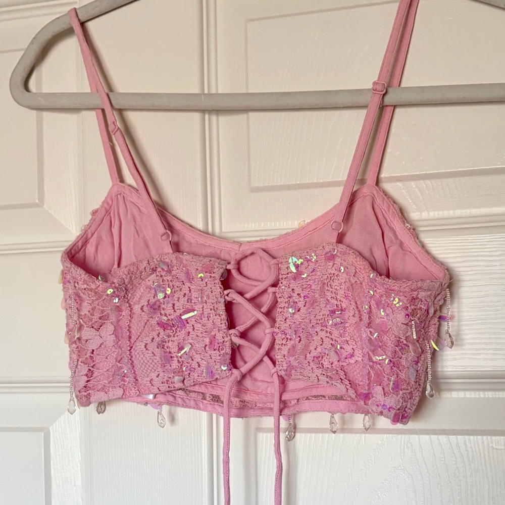NWOT Pink Sparkly Sequin & Jewels Lace Cami Crop Top — Small - Picture 2 of 10